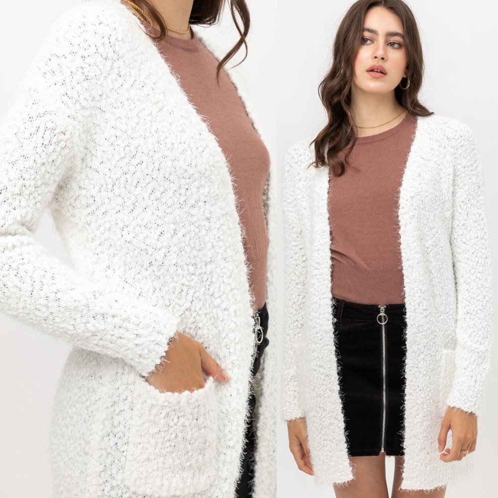 White Eyelash Popcorn Knit Long Cardigan Pockets - Picture 6 of 12